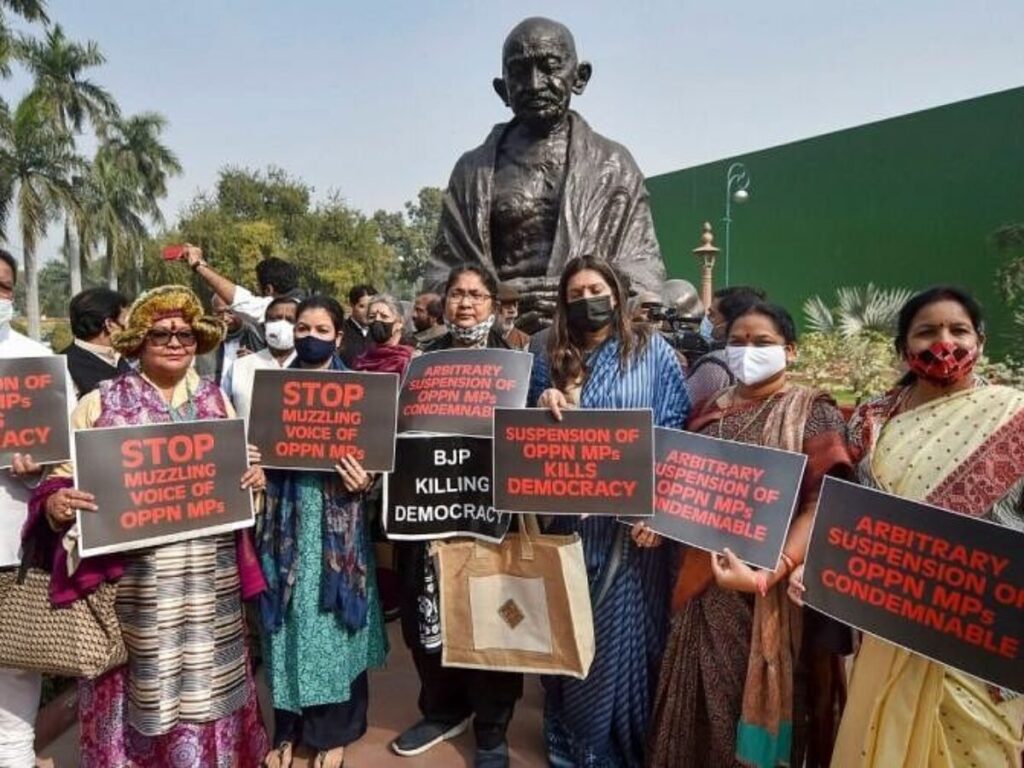 Opposition Mps Protest Near Gandhi Statue Over Suspension Of 12 Rajya Sabha Members 1947 Media
