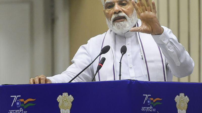 PM Narendra Modi addresses during a joint conference of Chief Ministers and Chief Justices of High Courts, at Vigyan Bhavan in New Delhi on April 30, 2022. PTI
