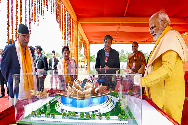 PM Narendra Modi with Nepal Prime Minister Sher Bahadur Deuba at the Shilanyaas Ceremony for the construction of the India International Centre for Buddhist Culture and Heritage, at Lumbini Monastic Zone in Lumbini, Nepal. PTI Photo