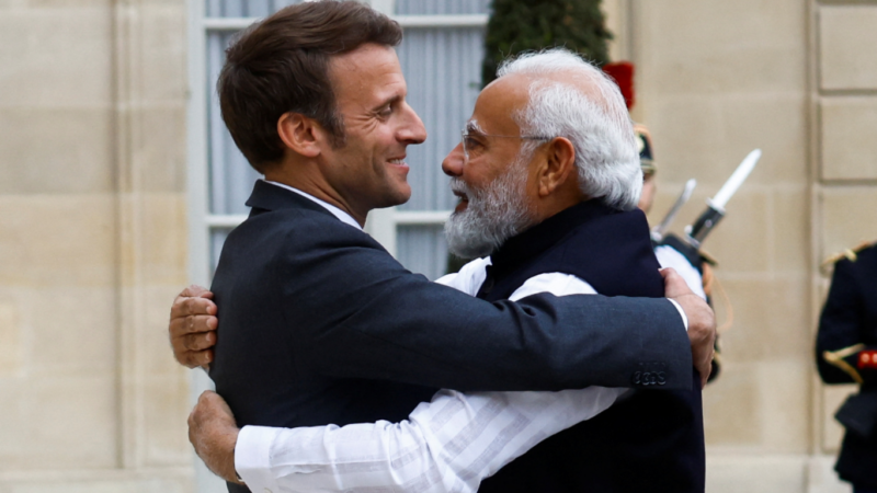 France's President Emmanuel Macron welcomes India's Prime Minister Narendra Modi before a meeting at the Elysee Palace in Paris, France on May 4, 2022. REUTERS