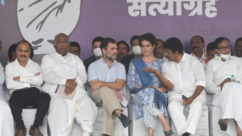 Rahul Gandhi with other party leaders at the Congress headquarters in New Delhi. Image : The Tribune